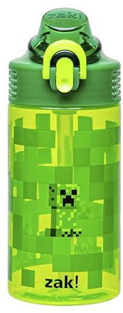 Zak Designs Sage Minecraft Kids Water Bottle For School or Travel, 16oz Durable Plastic Water Bottle With Straw, Handle, and Leak-Proof, Pop-Up Spout Cover (Creeper)