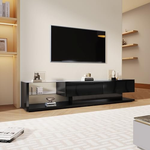 Mueble de TV de 170 cm, Negro Brillante, con iluminación LED, 2 cajones, Estante de Cristal, Mueble de salón Moderno, Negro