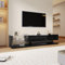 Meuble TV de 170 cm avec éclairage LED, 2 tiroirs, étagère en verre, meuble TV bas, façades en noir brillant