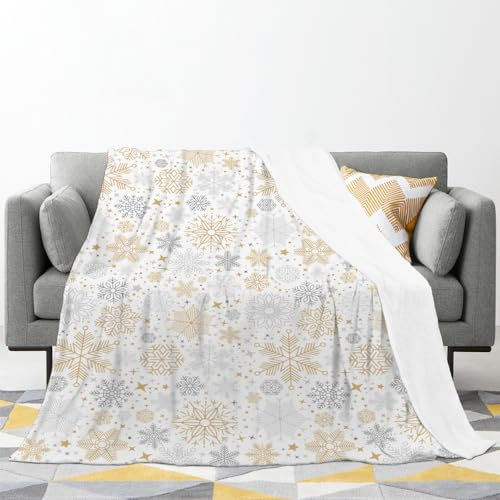 Kuscheldecke Flauschig Groß Goldene Schneeflocken Fleecedecke Decke Sofa,Warm Sherpa Sofaüberwurf Decke, Decke Flauschig Mikrofaser Wolldecken für Couch