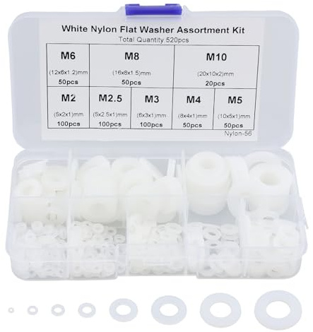 Lot de 520 rondelles en plastique - Rondelles plates - Rondelles en nylon - Anti-corrosion - Pour fixations industrielles - M2 à M12 (blanc)