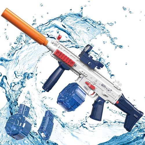 Electric Water Gun, Water Guns for Adults Kids, Up to 25 FT Long Range, Double Magazine 370CC+120CC Large Capacity Automatic Water Gun, Toys for Pool, Beach, Outdoor Activities