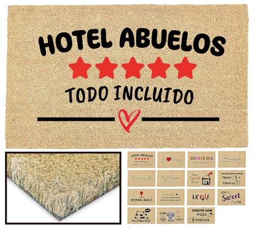 LUCA HOME - Felpudo Entrada casa Original y Divertido de Coco Natural - Felpudo Hotel Abuelos 33x60 - Ideal para Puertas de Exteriores Cubiertas, pasillos y entradas de hogares