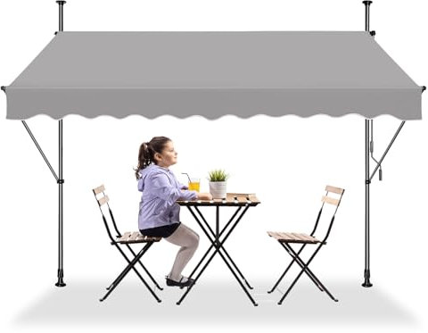 LZQ Klemmmarkise Balkon, Markise Einziehbar Manuell, Handkurbel, höhenverstellbar, UV-beständig, ohne Bohren, 100% Polyester, Grau, 200 x 120 cm
