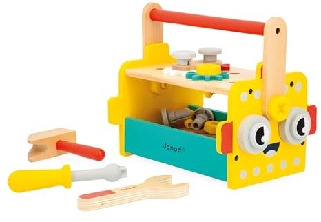 Janod - Caisse à Outils Robot Brico'Kids - Jeu de Bricolage Enfant - 25 Accessoires + 3 Outils - Jeu d'Imitation - Développe la Motricité Fine - Dès 36 Mois,J06455