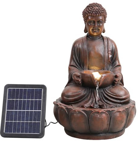 Warmiehomy Solar Powered Garden Water Feature - Buddha Fountain with Lights - Decorative Solar Pond Waterfall Feature Ornaments, Brown