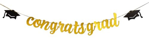 NAUZE Congratulations Graduation Banner Gold Congrats Grade Banner mit Graduierung Cap Glitter Congratulations Banner für College School Grade Party Foto Graduation Zeremonie Gadgets