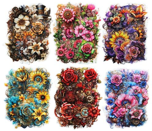 MiyouLuna Steampunk-Aufkleber, Blumen-Aufkleber für Scrapbooking, Bastelarbeiten, wasserdichtes Tagebuchzubehör und Junk-Tagebuch, Ephemera, mit Aufkleber-Organizer, 120 Stück
