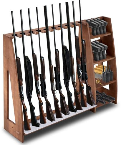 Gewehrständer aus Holz mit Halter, Bodenstehender Gewehrständer, Waffenständer für Zuhause oder Garage, für 10 lange Waffen und 8 Kurzwaffen (Walnuss)