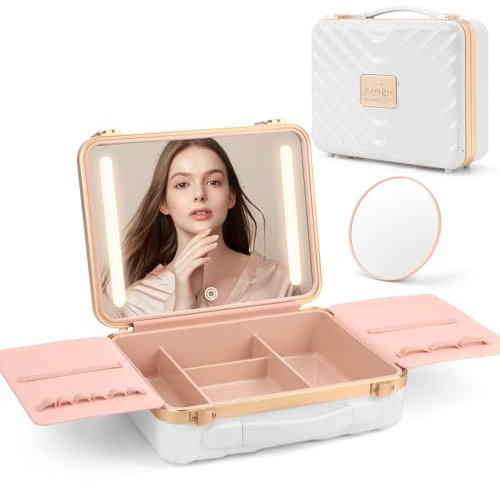 Deciniee Make Up Tasche mit Spiegel: 3 LED Licht Kosmetiktasche mit Spiegel - Tragbare Schminktasche mit Spiegel - Schminktasche Groß Kosmetikkoffer für Frauen und Mädchen - Weiß