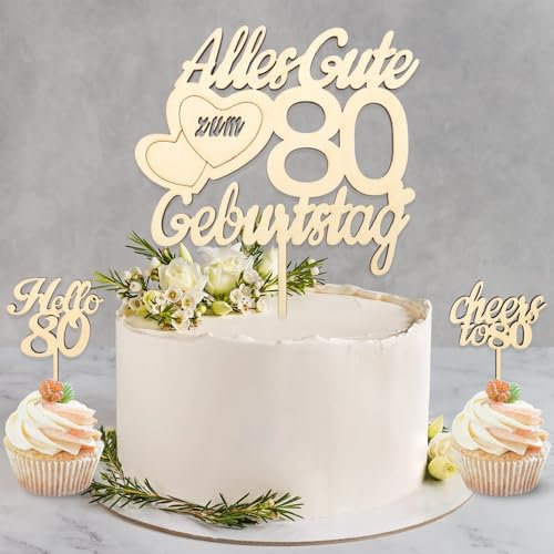 DazzJoy Holz Tortendeko 80. Geburtstag für Frau und Mann - Cake Topper, Alles Gute zum 80. Geburtstag, Torten Deko, Kuchendeko für 80 Jahre