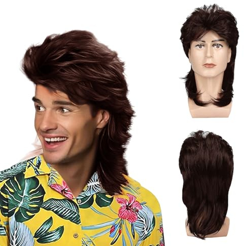 UILYNIU Perruque longue homme marron 70 80 Cosplay Halloween Mullet Rock Star Carnaval Fête à thème