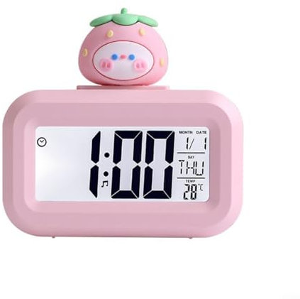 Alanmoship Kids Digital Alarm Clock, Kids Digital Clock, Temperature Cartoon Music Watch Alarm Clock With Temperature Sensor, with 8 Ringtones Choose, 3.5 * 3.3 * 1.2 inches(strawberry)