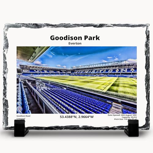 Everton Goodison Park Stadium Slate Plaque with Stand - 200mm x 150mm - Coordinates Gift for Toffees Fans