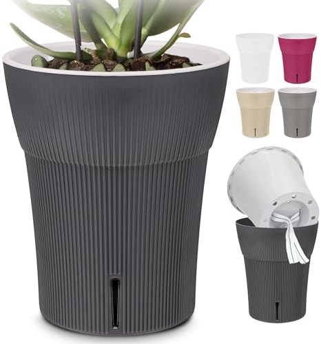 Happy Plants Orchideentopf D 12,5 cm Blumenkübel mit integriertem Wasserstandsanzeiger, selbstbewässernder Blumentopf mit Docht, Selbstbewässerungssystem für Orchideen - Anthrazit 1,25 Liter