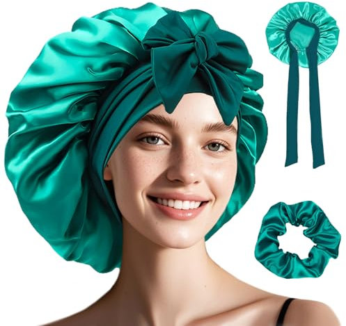 Shyllin Haar Schlafhaube, 2 Pack Haarhaube fur Die Nacht mit Haargummi, Satin Haube zum Schlafen, Geeignet fur Die TäGliche Pflege, Haarhaube Seide, Frauen Schlafhaube Haare SchüTzen (Loch blau)