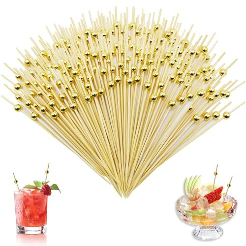 PXBSNB 200 Stück Cocktailspieße, 12 CM Spieße Fingerfood, Naturholzspieße Cocktail Zubehör, Zahnstocher Holz mit Goldene Perlen, Cocktail Deko für Bar Party Grillen Snacks Kuchen Obst Antipasti