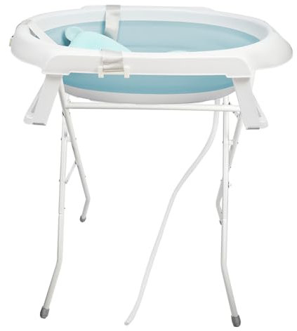 Babybadewanne mit Gestell 84.5cm, Faltbare Babybadewanne mit Badekissen, Babywanne mit Ständer und Abfluss, Ab Geburt bis 2 Jahre (Grün, mit Ständer, 66 * 61 * 82cm)