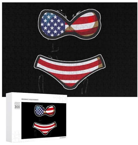 Usa Flag Cute Bikini Print Jigsaw Puzzle for Adults 300 PCS Wooden Challenging Puzzles for Home Party Decor