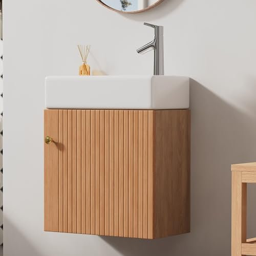 Mueble de baño con armario bajo lavabo de 46 cm, mueble para lavabo colgante pequeño (madera natural)