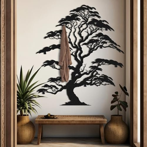 Tubibu Decorazione da parete con albero della vita, in metallo nero, decorazione da parete 3D, decorazione moderna, immagini per casa, ufficio, camera da letto, soggiorno (appendiabiti, medio)