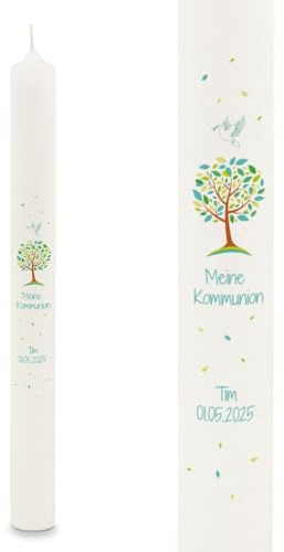 GRAVURZEILE Bedruckte Stabkerze - Lebensbaum - Personalisiert mit Name & Datum - Geschenk zur Taufe, Kommunion oder Konfirmation - Für Jungen & Mädchen - Altarkerze 400/40 mm - Farbe: Grün