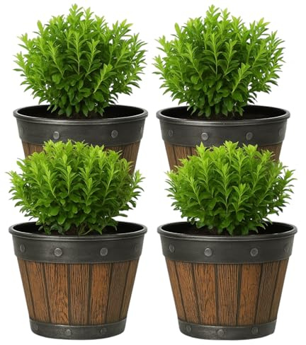 Divas World 4pcs Cask Planters Set 20cm Chestnut Fusion Round Flower Pots Decorative Whiskey Barrel Style Plastic Plant Containers for Indoor Outdoor Garden Patio Balcony Lightweight Rustic Look