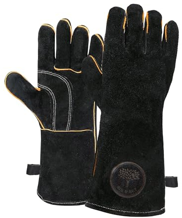 Rin & Rut Grillhandschuhe aus Leder 34,5 cm – hitzebeständig & feuerfest | lange Ofen- & Kaminhandschuhe mit weichem Innenfutter, für Backofen, BBQ & Kamin