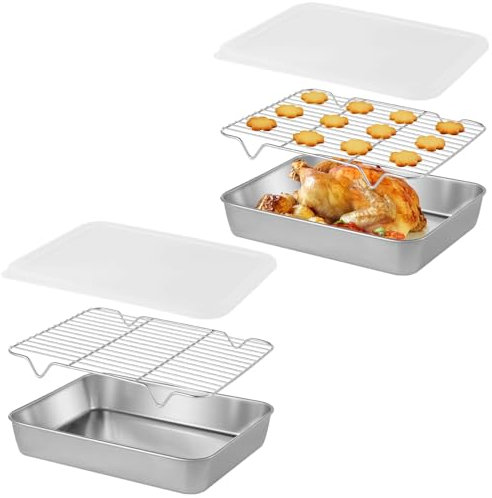 Deskium Paquete de 2 bandejas para hornear de acero inoxidable con tapas herméticas y estantes de refrigeración, sartenes para asar 3 en 1