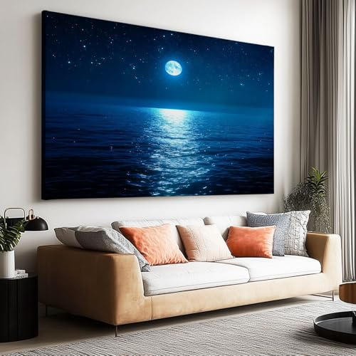Leinwand Bilder,Bild auf Leinwand Traum Sternenhimmel Meer MondPoster Hochwertige Wandbilder für Wohnzimmer Schlafzimmer Heimbüro Restaurant Wanddekoration 160x80cm