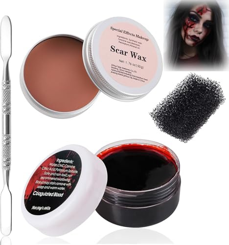 4PCS Halloween SFX Makeup Kit – Fake Blood, 50g Molding Skin Wax, Spatula & Stipple Sponge for Realistic Wounds, Zombie Looks, Scars & Horror Effects in Cosplay and Stage Makeup