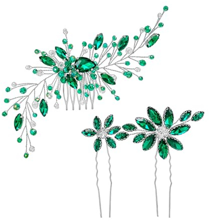 Flayem 3 Stück Haarschmuck Hochzeit Braut,Grün Haarkamm Kristall, Funkelnde Strasssteine Blatt