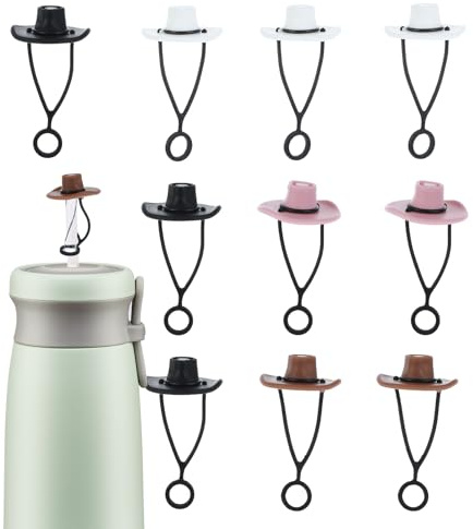Qianyu 10 Pcs Silicone Cowboy Hat Straw Covers Cap Cute Funny Tumbler Straw Topper Accessories Detachable Dust-Proof Protector Straws Lid Toppers Ornaments for Men Woman 8 mm Straws Tumblers Christmas