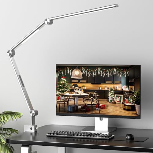 VERSKI Schreibtischlampe LED, Dimmbar 18W Doppelte Lichtquelle Schreibtischlampe für Homeoffice, Klemmbar Augenschutz Tageslichtlampe, 5 Farbtemperaturen und Helligkeit Einstellbare Büro Tischlampe