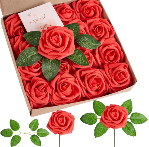 XIANNVXI Rose Artificielle Rouge Fleur Artificielle Rouge avec Tige 16pcs | Faux Rose Fleurs Soie pour Bouquets De Mariage Centres De Table Fête De Douche De Mariée Maison DIY 16Pcs