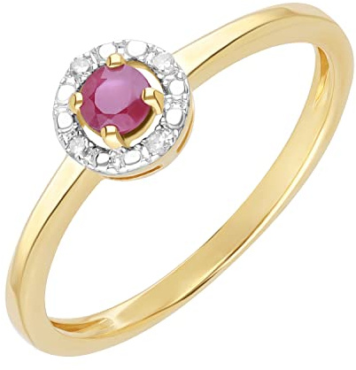 Ivy Gems 9ct Yellow Gold Round Cut Red Ruby & Diamond Solitaire Halo Ring - Size M