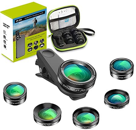 Apexel 6-in-1 Handy-Kamera-Objektiv-Set, Weitwinkelobjektiv, Makro-Objektiv, Fischaugenobjektiv, ND-Filter, CPL/Sternfilter, Clip-On-Handy für iPhone 8/x 7/Plus, Samsung S8, Android-Smartphones