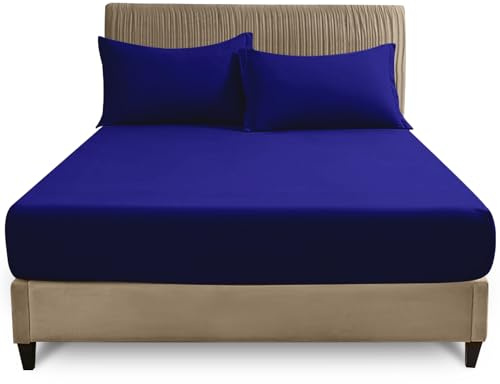 GC GAVENO CAVAILIA Easy Care King Size Fitted Sheet - Soft Polycotton Fabric Bed Sheet (150x200 cm) - Non Iron Fade Resistant Bedding & Linen - Elasticated 25cm Deep Plain Bottom Sheet, Royal Blue