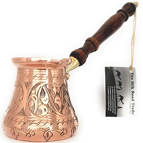 The Silk Road Trade - PC-Serie (groß) – dickster massiver Kupfer-gravierter und gehämmerter türkischer griechischer arabischer Kaffeekanne mit Holzgriff, robuste Kaffeemaschine, Cezve, Ibrik (414 ml)