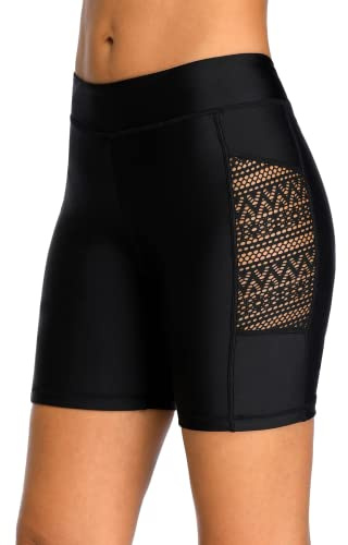 CharmLeaks Women Long Swimming Shorts Tummy Control Board Shorts Swim Bottom Black XXL