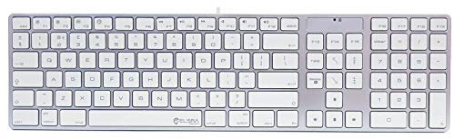 ELSRA Low Profile USB Wired Full Size Mac Compatible Keyboard with Numeric Keypad, Silicone Cover Skin Included, UK Layout - Silver/White