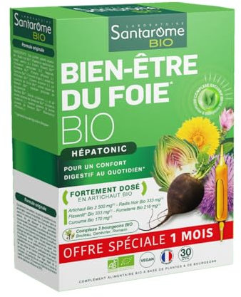 Santarome Bio - Bien-Être du Foie | Complément Alimentaire Digestion | Drainant & Antioxydant - Plantes Bio - Artichaut, Radis Noir, Pissenlit - Hépatonic | 30 Ampoules | Made In France