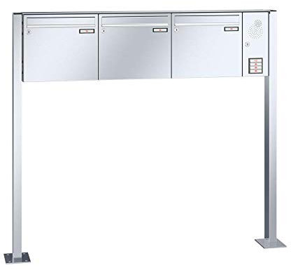 RENZ/Basic B / 3er Freistehende Briefkastenanlage Standbriefkasten mit Sprechfeld / V4A-Edelstahl/Volumen 12 L/mit Fußplatten/Dein-Briefkasten.de