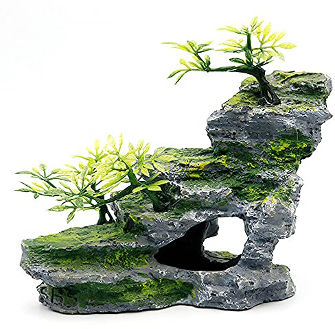 IBWell Aquarium Ornament, Mountain View Stone with Moss Tree Rock Cave Landscape Artificial Fish Tank Decoration