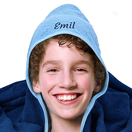 Smyla Personalisiertes Kinder Kapuzenhandtuch 140x140cm mit Name | Blau | Personalisierter Badeponcho mit Kapuze | 100% Bio Baumwolle | Strandtuch Badetuch für Kinder