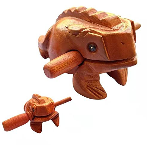 Percussion Musikinstrument Holzfrosch, 2-teiliges Set mit großen 15,2 cm und 6,3 cm großen Naturholz Frosch Guiro Raspel Holz Musikinstrument Tonblock