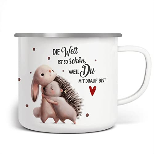 MIKALINO Emaille Tasse Die Welt ist so schön, weil Du mit drauf bist Hase und Igel | handbedruckt in Deutschland, Farbe:weisssilber, Grösse:300ml