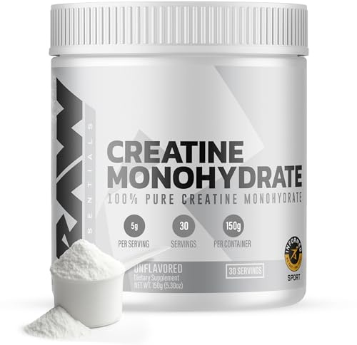 RAW Nutrition Creatine Monohydrate Powder, Unflavored (30 Servings) - Micronized Creatine Monohydrate Supplement for Workout Performance, Build Muscle & Strength - Creatine Powder for Men & Women