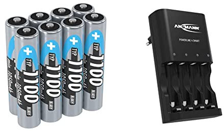 ANSMANN Akku AAA Typ 1100 mAh NiMH 1,2 V (8 Stück) - Micro AAA Batterien wiederaufladbar & Batterieladegerät für 4X NiMH AA/AAA Akkus - Automatik Akku Ladegerät mit Repair-Modus - Powerline 4 Smart