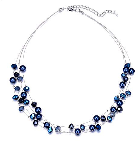 Bulinlin Damen Silber Perlenkette mit Kristall Statement Mehrreihige Boho Choker Halskette Modeschmuck Geburtstagsgeschenke für Frauen(15-Navy blue)